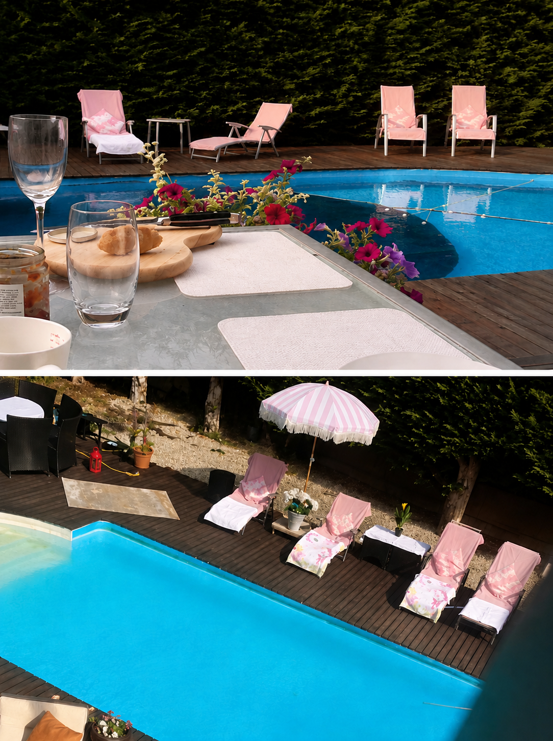 Poolside dining and sun loungers by the heated pool at Forest View