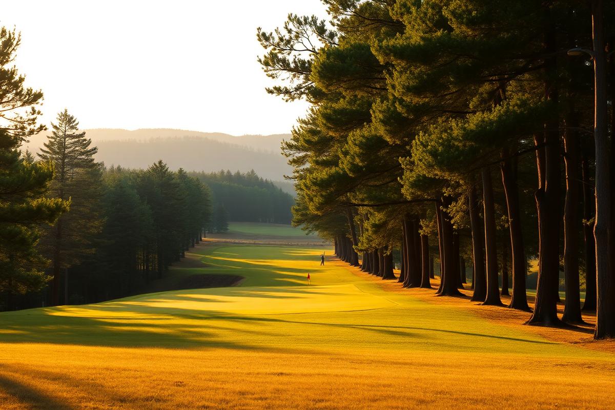 Bulbury Woods Golf Club, Poole: Tree-lined woodland golf fairway in golden afternoon light