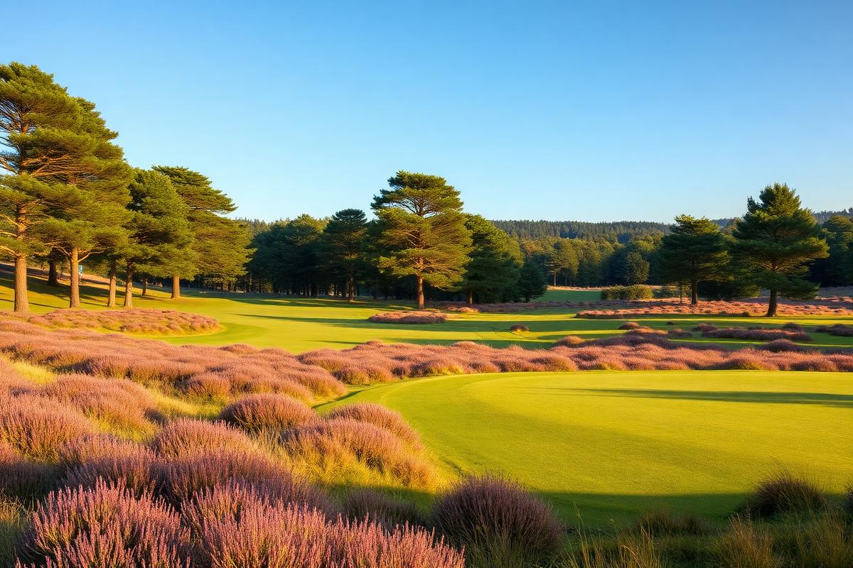 Knighton Heath Golf Club, Wimborne Minster: Heathland golf fairway lined with pines and flowering heather
