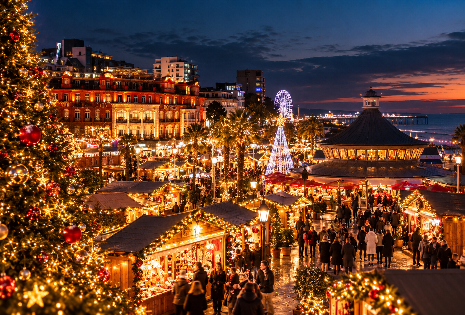 Bournemouth's Christmas Market at sunset, with illuminated trees, market stalls and the pier beyond